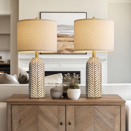 BOBOMOMO 26" Farmhouse Table Lamps Set of 2 - Vintage Leaf Design, Rustic Resin Nightstand Lamps for Bedroom, Living Room, Nursery, Hallway, Elegant Living Room Lamps with Linen Shades Antique Brown