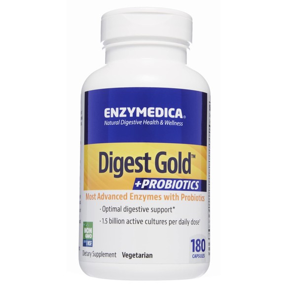 Enzymedica Digest Gold + Probiotics, 2-in-1 Advanced Formula, Supports Healthy Gut with 9 Different Probiotic Strains, Improves Digestion, 180 Capsules (FFP)