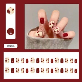 Short Press on Nails Red Heart Square Fake Nails Red Sweet Love Short Glue on Nails Glossy Wine Red Heart Wave Point Designs False Nails Valentines Fashion Short Artificial Acrylic Nails for Women