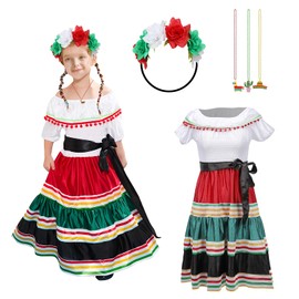GOBWCOT Mexican Dress For Girls Cinco de Mayo Dresses Traditional Folklorico Dance Skirt With Wreath Necklace Festival Costume