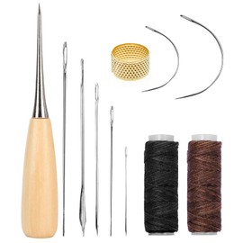Kioiner 11 Pcs Leather Sewing Tool Kit, Leather Craft Hand Stitching Sewing Kit with Sewing Awl Sewing Thimble Thread Cords Thread Needles for DIY Crafts Canvas Leather Repair