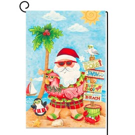 Sunwer Summer Christmas Garden Flag Santa Tropical Beach Hawaiian Pink Themed Party Decoration Outdoor Lawn Yard Patio Decor Supply- 12.5×18''