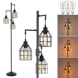 9MMML Floor Lamp for Living Room, Farmhouse Industrial Dimmable Floor lamp,3 Lights Metal Cage Tree Standing Lamp,68", 3Pcs Led Bulbs Included