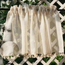 RunFar shop 2 Pieces (150 x 40 cm) Boho Beige Net Curtains Vintage Semi-Transparent Bistro Curtain Kitchen Short Curtains Boho Curtains Tassels Window Curtain Half Transparent for Kitchen Living Room