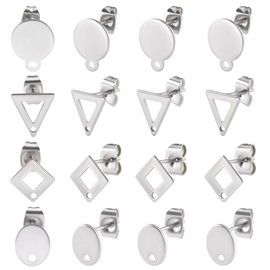 Beebeecraft 80Pcs 4 Styles Stainless Steel Earring Posts Oval Flat Round Triangle Rhombus Earring Studs Findings with Loop for DIY Women Earring Making Supplies