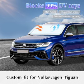 Sun Shade Sunshade for Volkswagen Tiguan Windshield Cover, 4-Layer Front Window Shade Custom fit Tiguan 2018-2023 2024 Sun Visor 240T Retractable Shade Blocks UV Rays Cooler Car Accessories