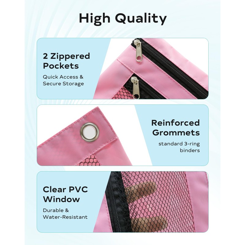 ASBEFORE Pink Pencil Pouch for 3 Ring Binder - Zipper