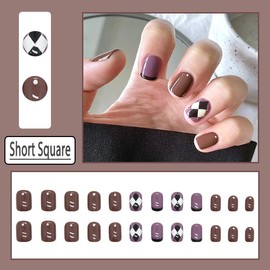 Brown Purple Press on Nails Short Medium Square Fake Nails with Fashion Simple Design, Press ons Artificial Acrylic Full Cover False Stick on Nail for Women Daily Wear Wedding Manicure 24Pcs