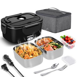 Andmenow Electric Lunch Box 80W Food Heater with Dual Container, Portable Lunch Warmer for Adults, Upgraded Heated Lunch Box for Car/Truck/Office,110/24/12V 1.5L
