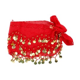 Rumyve Belly Dance Hip Scarf,Belly Dance Skirt Wrap with Glitter Sequin Coins,Perform Belly Dance Yoga Class in Costume(Red)