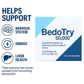 BedoTry 50,000 Liquid Vitamin B-Complex Supplement Bedotry Vitaminas Complejo B Ampolletas – 10 Ampoules (3.4 fl oz) – with Choline – Supports Energy, Metabolism & Nerve Health
