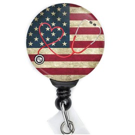 Limeloot American Flag Badge Reel with Stethoscope - Swing Clip and Extra Long 34 Inch Cord
