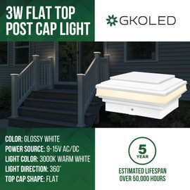 GKOLED Low Voltage Flat Top Post Cap Light, 3W 12V AC/DC, Outdoor Fence Lighting for 3.5'' x 3.5'' and 4.0’' x 4.0’’, 3000K LED Fence Lights for Landscape, Waterproof, Die-cast Aluminum Top, White