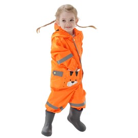 JinBei Waterproof Suit for Kids Girls Puddle Suit All in One Raincoat Lightweight Hooded Portable Breathable Easy to Dry Rainsuit Rainwear for Children Girls 4-6 Years, Orange Tiger Print