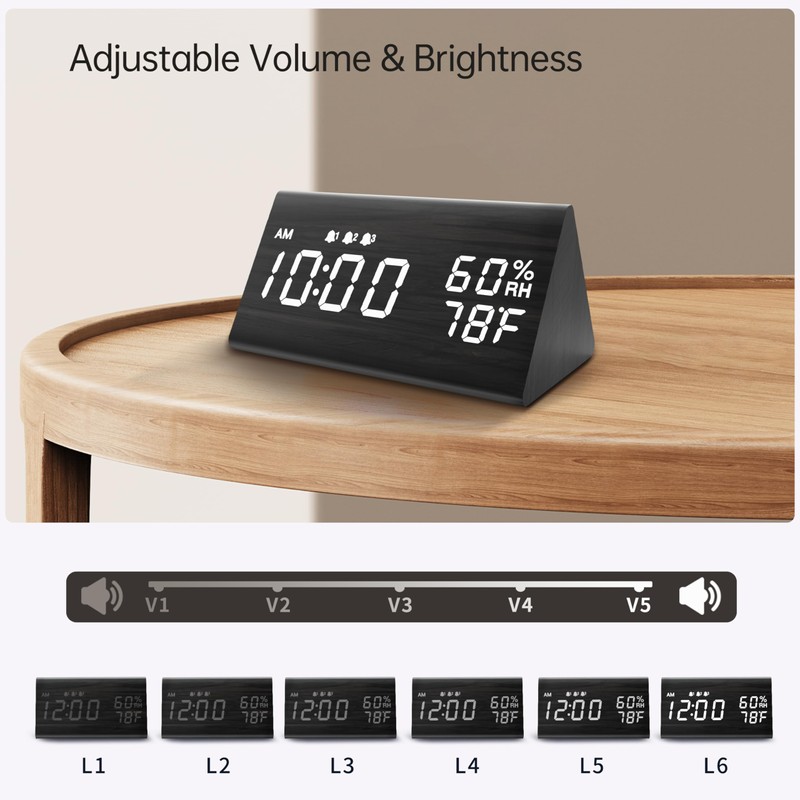 Digital Alarm Clock, with Wooden Electronic LED Time Display, 3