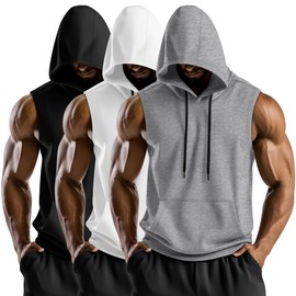 August Alley 3 Pack Men's Hooded Tank Tops, Cotton Workout Sleeveless Gym Hoodie Muscle Bodybuilding Running Cut Off Shirts(Light Gray, White, Black,Small)