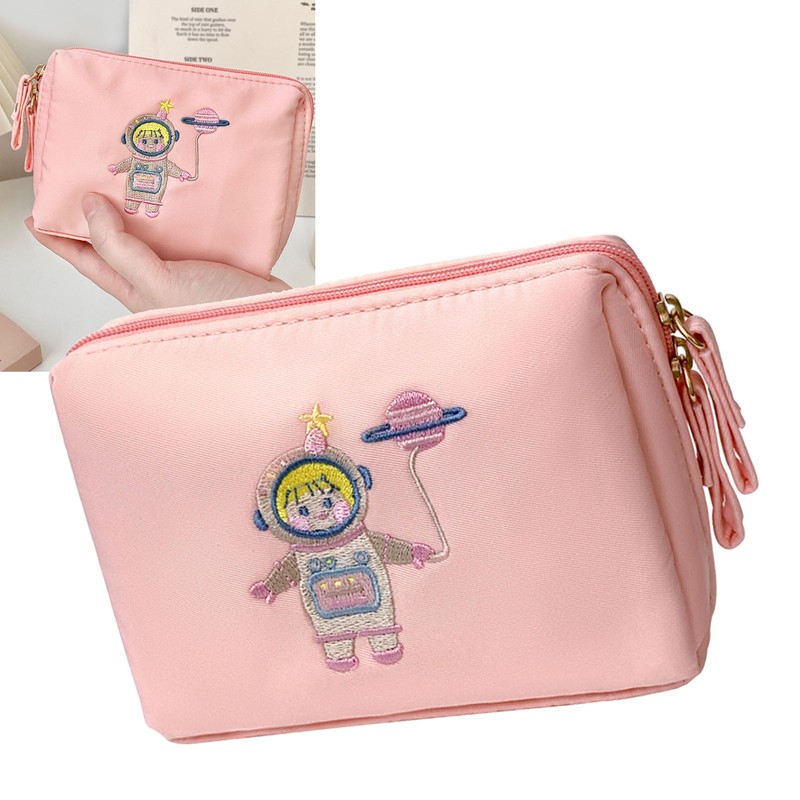 Spaceman Embroidered Mini Makeup Bag Zipper Closure Multi Compartment Travel