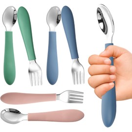 Juego de Cubiertos para Bebé, 6 Piezas, Acero Inoxidable y Silicona 3 Cucharas y 3 Tenedores, Kit Infantil de Aprendizaje, Alimentación Autónoma, Para Niños Pequeños