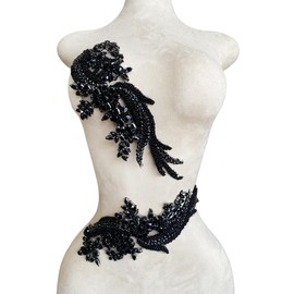 1 Pair Handmade Beaded Crystal Patches Bodice Lace DIY Applique Patches Accessory for Dress Clothes 35X12cm (Black)