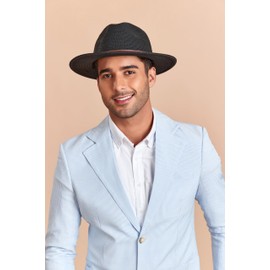 Joywant Men's Fedora Sun Hat Fine Braid Wide Brim UPF 50+ Straw Panama Hat, Black, Large