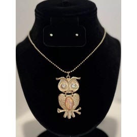 Bloom Long Owl Necklace & Stud Earrings Gold Pink NEW Costume Fashion Jewelry