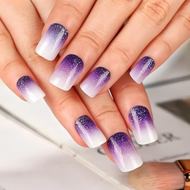 Purple Gradient Press on Nails Square Glitter Powder False Nails Medium Coffin Nails Full Cover Artificial Nails Reusable Acrylic French Stick on Nails DIY Glue on Nails for Women Manicure Kit 24Pcs