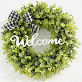 20 Inch Boxwood Wreath for Front Door with Welcome Sign & Sash, Farmhouse Outdoor Wreath, Artificial Spring Summer Greenery Wreath for Indoor Wall Hanging Window Wedding Home Decor