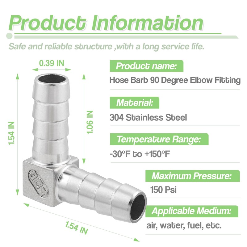 Goldpea 10mm(3/8") Barbed Stainless Steel 304 Hose Barb Elbow 90