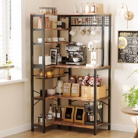 IRONCK Bakers Rack with Power Outlet, 5-Tier Corner Microwave Stand with Storage, Coffee Bar with 6 S-Shaped Hooks, Kitchen Shelves with Wire Basket