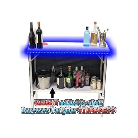 PARTYPONG Folding Portable Party Bar w/Patended LED Lights, Black & Hawaiian Bar Skirts, Storage Shelf, & Carrying Case