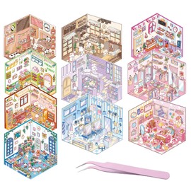 xolear Set of 10 DIY 3D House Stickers, Cute 3D Sticker Scene, Fun DIY House Stickers, Reusable Miniature Sticker Scene Set, for Relief Stress for Adults and Children with 1 Tweezers