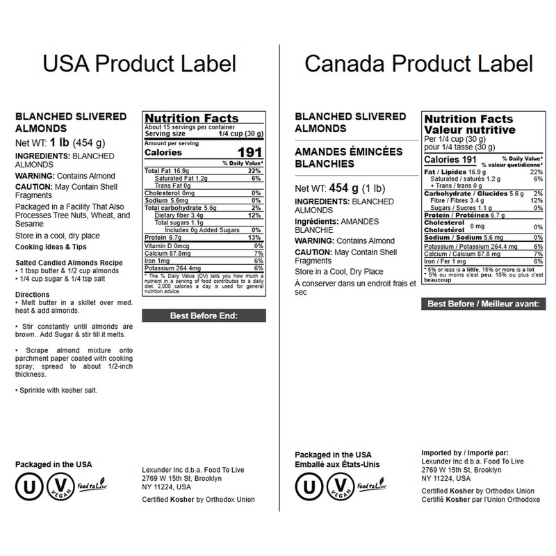 Food to Live - Blanched Slivered Almonds, 1 Pound Chopped