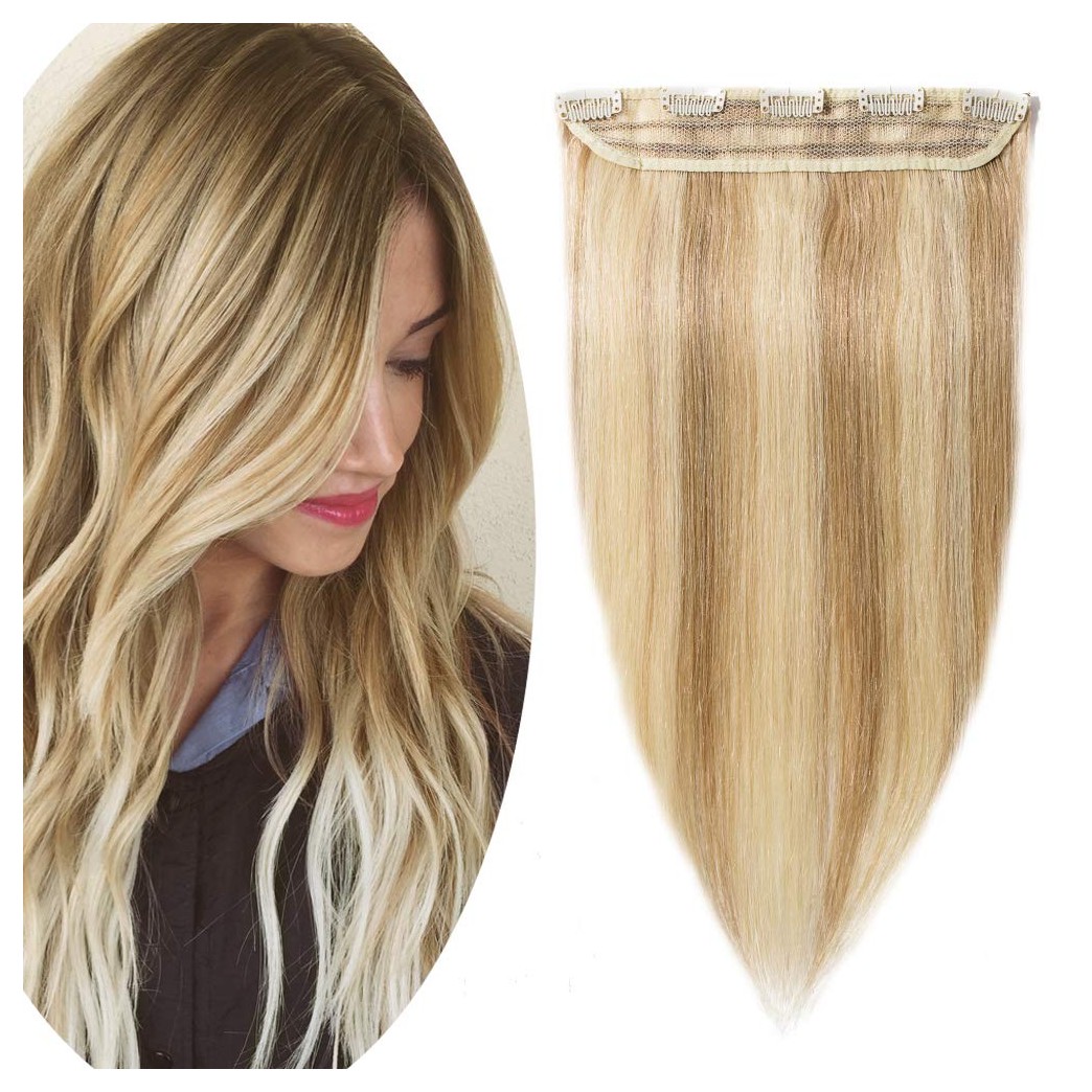 100% Real Hair Extensions Clip in Remy Human Hair Highlight 24 Inch 60g Thin One-piece 5 Clips Long Straight Hair Extensions for Women Wide Weft Silky Balayage #18P613 Ash Blonde Mix Bleach Blonde