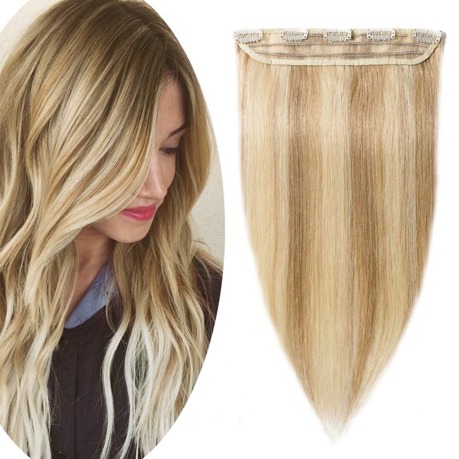 100% Real Hair Extensions Clip in Remy Human Hair Highlight 24 Inch 60g Thin One-piece 5 Clips Long Straight Hair Extensions for Women Wide Weft Silky Balayage #18P613 Ash Blonde Mix Bleach Blonde