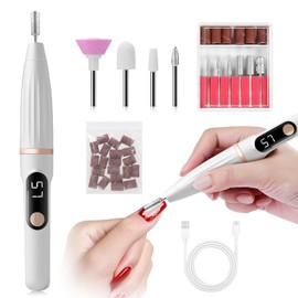 YAMOOCO Cordless Electric Nail Machine, 11-Piece Set (Includes 10 Drills), 5 Speed Adjustments, Forward and Reverse Rotation, Gel Removal, Skin Treatment, Nail Polishing, Nail Care, USB Powered, For