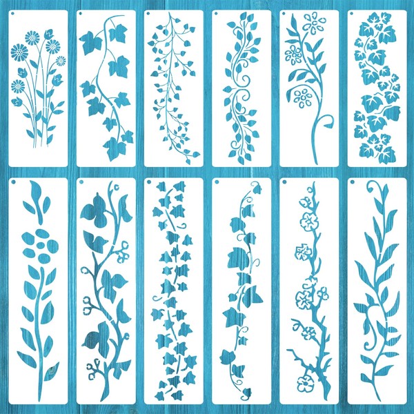 12 Pcs Leaf Vine Stencils, Reusable Leaves Flower Plastic Stencils