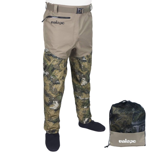 UNISPO Waist Wader Pants, 4-Ply Waterproof Fishing Waders Breathable Desolve Camo Hunting Pants with Pockets and Durable Neoprene Stocking Foot Insulated Wading Pants Waders for Men and Women, XL