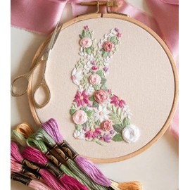 YOUDRN Bunny in Bloom Easter Embroidery Kit for Beginners, Embroidery Kits for Adults,DIY Hand Bunny Embroidery Easter Cross Stitch Starter Set with Pattern,Threads,Needles,Instruction,20cm Hoop