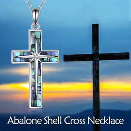 SHEAISRS Cross Necklace Sterling Silver Religious Cross Pendant Abalone Jewelry North Star Pendant Necklace for Women Men