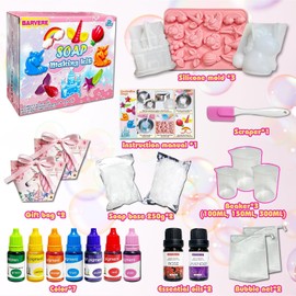 BARVERE Make Your Own Soap Children, 500 g Soap, 16 Shapes, 7 Pigments, 2 Essential Oils, 2 Gift Bags, DIY Tools, Soap Making Set Adults, Children's Birthday Gift