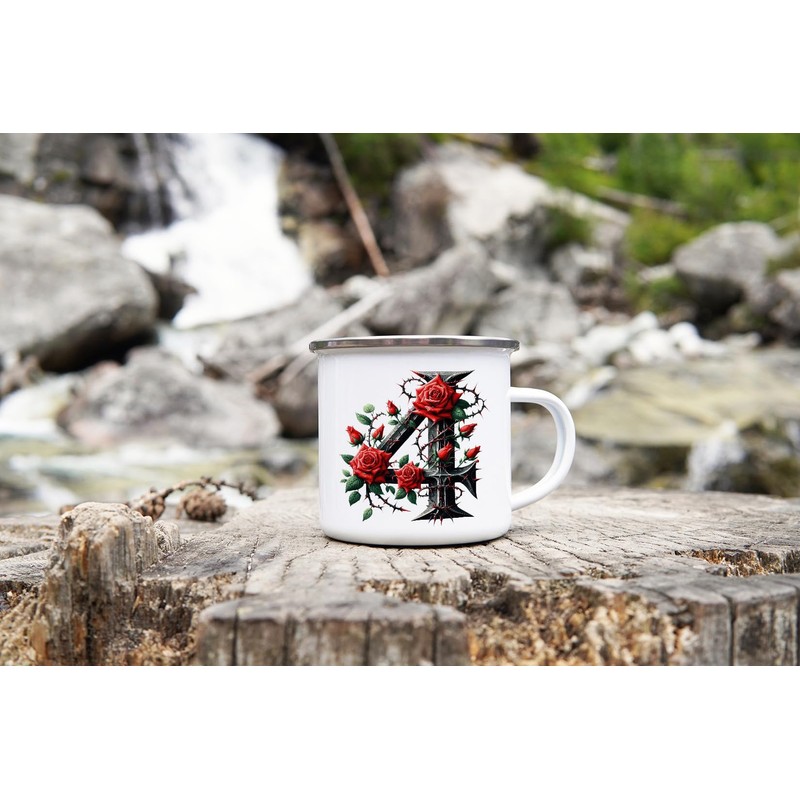 MAXIKIWI Langlebige Emaille-Kaffee- oder Tee-Camping-Tasse für drinnen und draußen, Alphabet