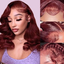 Cfaimity Reddish Brown Bob Wig Human Hair Body Wave 13x4 HD Lace Front Wigs Human Hair 12Inch 33# Body Wave Lace Frontal Wig Pre Plucked 180% Density Wine Red Bob Wigs for Women