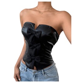 MakeMeChic Women's Faux Leather Tops Bow Strapless Tube Top Sleeveless Fitted Club Bandeau Tops Black Medium