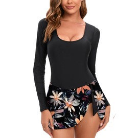 NESY Long Sleeve Swimsuits for Women Rash Guard Scoop Neck One Piece Bathing Suit Swim Dress Woman Swimwear Swimdress UPF 50+