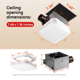 Consciot 50 CFM Bathroom Exhaust Fan with Light, Super Quiet 1.0 Sone, Suitable for mounting Hole 7.68 x 7.36 inches, 1000lm LED Light 5CCT Selectable & Nightlight, Bathroom Vent Fan for Ceiling