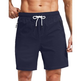 Viodia Men's Swim Trunks with Compression Liner Quick Dry Board Shorts Swimsuit Swimwear for Men with Zipper Pockets Navy