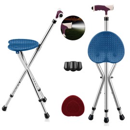 S AFSTAR Walking Cane with Seat, Height Adjustable Cane Chair with LED Light & Retractable 3 Legs, Portable Anti-Slip Seat Cane, Heavy Duty Walking Stick Chair for Seniors Elderly (Blue)