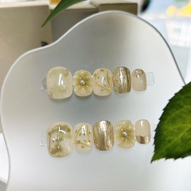 piruto Nail Tips, Short, Fake Nails, Handmade, Yellow, Cute, Flower, False Nails, Korean, Self-Nail, Nail Art, Popular, 3D, Fashionable, School Entrance Ceremony, Graduation, Coming-of-Age Ceremonies