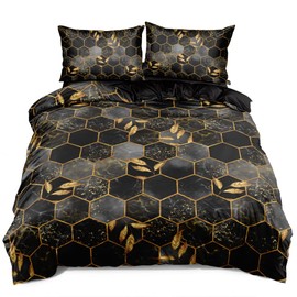 Bed Linen Black Gold 135 x 200 cm Grey Marble Checked 3D Effect Reversible Marbled Bed Linen Set Leaves Aesthetic Microfibre Luxury Modern Printed Duvet Cover 135 x 200 cm Single Bed with Zip