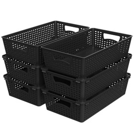 Simple Houseware Stackable Plastic Woven Basket Organizer, 6 Pack, Black